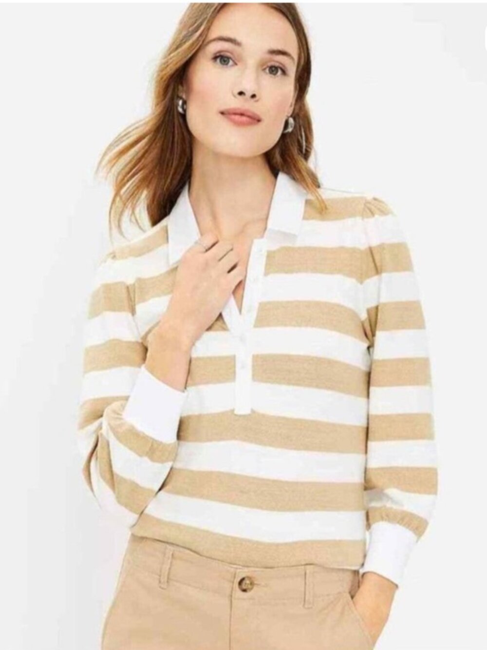 LOFT Striped Puff Sleeve Polo Rugby Shirt w/ collar in white and tan